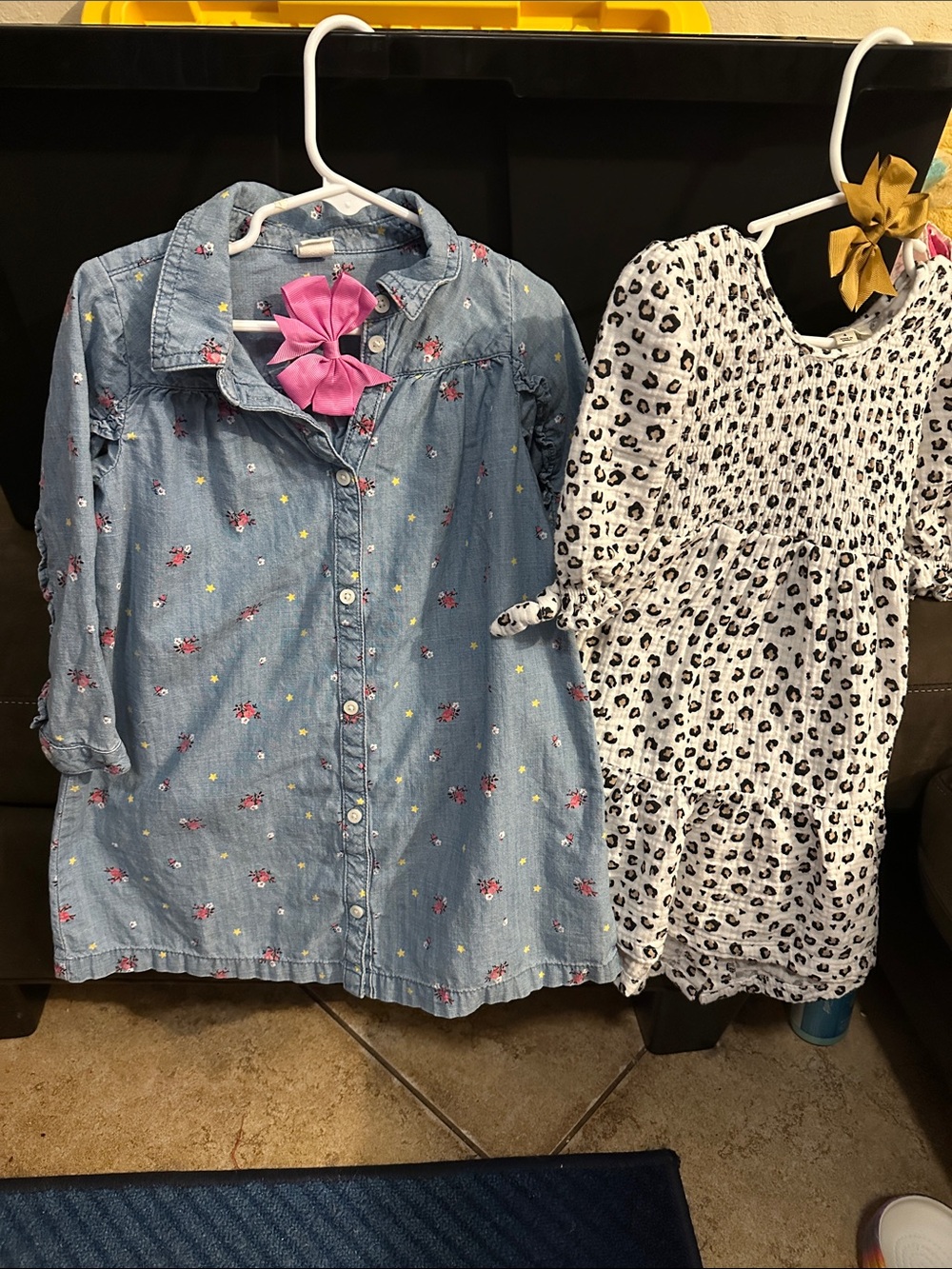 Denim-look Floral Button-Up Dress with Pink Bow and Jessica Simpson animal print